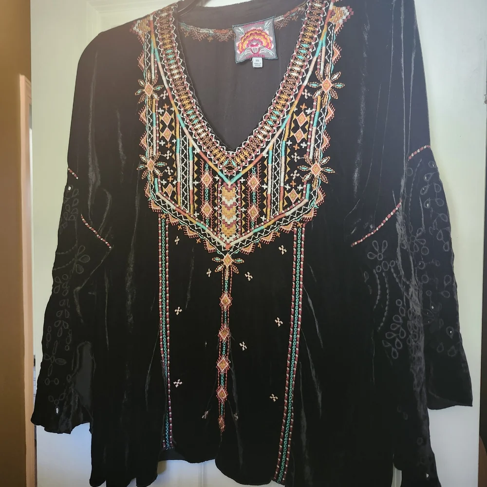 Johnny Was Black Velvet Blouse with Multicolor Embroidery - Picture 1 of 5